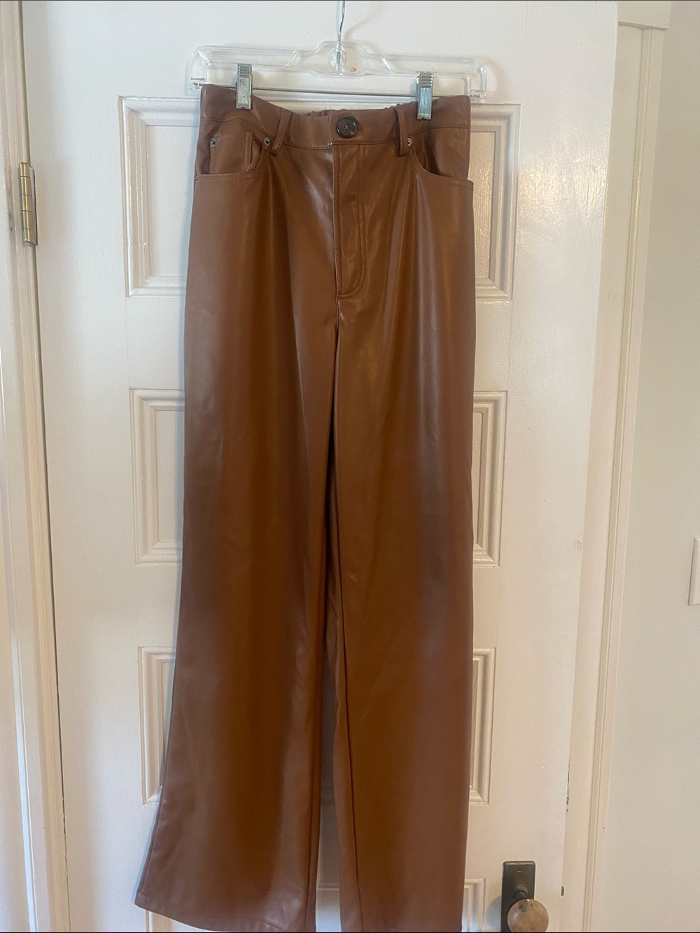 Zenana Outfitters Faux Leather Pants - Cognac Brown with Black Button